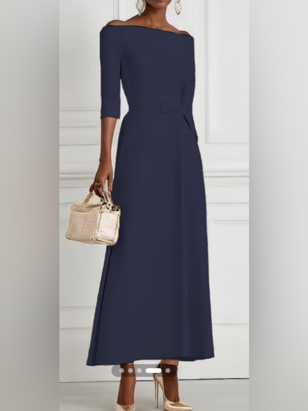 Off-Shoulder Navy Maxi  with Slim Waist Belt